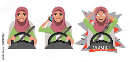 Arab woman driving a car. woman driving a car talking on the phone. The woman had an accident. crash