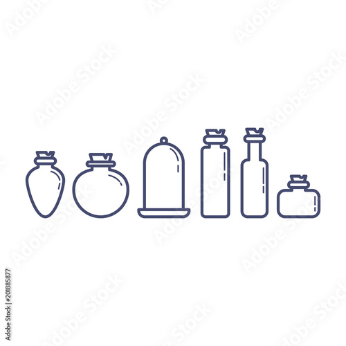 Set of different cartoon potion bottles. Flat outline vector illustration. White isolated.