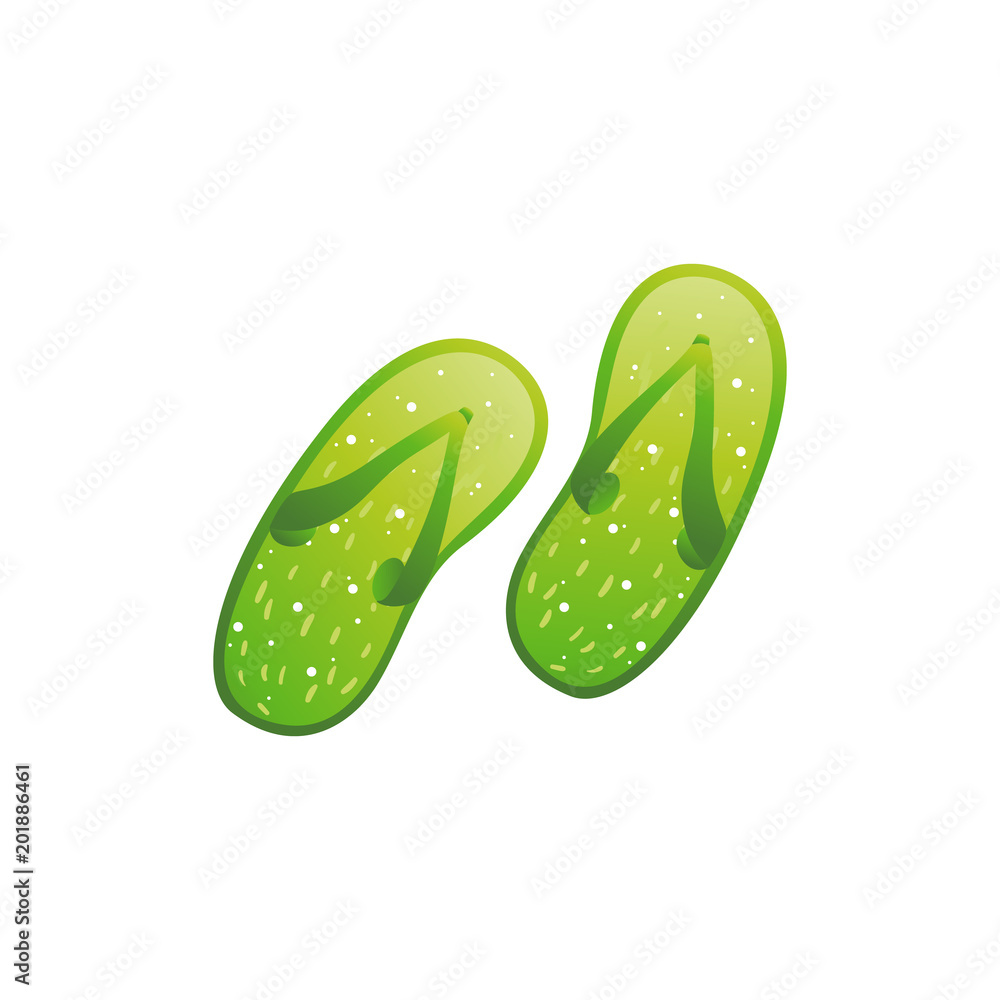 Beach slippers, flip flops green colored icon. Travelling, beach vacation symbol, Summer poster, banner design element. Isolated vector illustration in cartoon style Beach slippers, flip flops green colored icon. Travelling, beach vacation symbol, Summer poster, banner design element. Isolated vector illustration in cartoon style