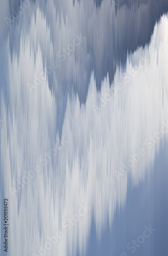 Glitch art pixel texture, abstract background, blue sky and white clouds.