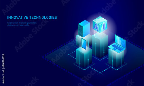 Isometric artificial intelligence business concept. Blue glowing isometric personal information data connection pc smartphone future technology. 3D infographic vector illustration