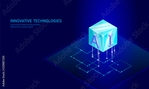 Isometric artificial intelligence business concept. Blue glowing isometric personal information data connection future technology. 3D infographic vector illustration