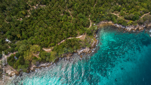 Aerial drone view of tropical island landscape and sea