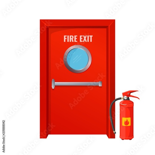 Red fire exit with round circle and extinguisher