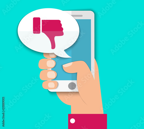 Hand with a smartphone button does not like the concept for websites, web banner. Vector illustration EPS10