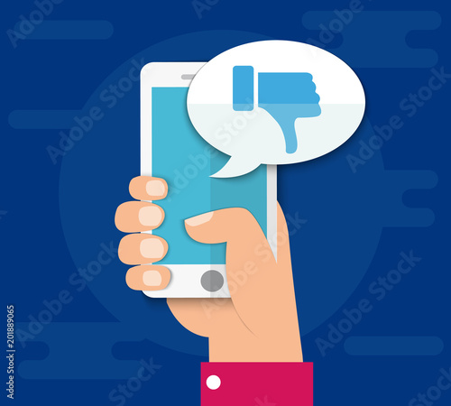 Hand with a smartphone button does not like the concept for websites, web banner. Vector illustration EPS10
