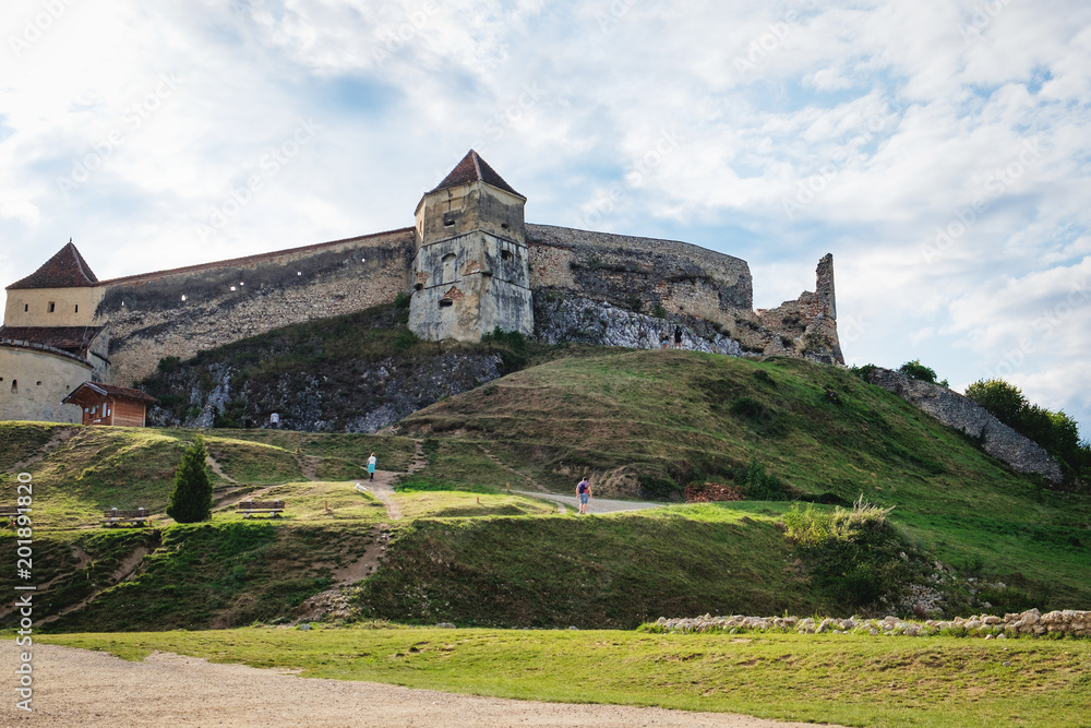 Panoramic view of the inner courtyard of the Rasnov Fortress under cloudy sky, Rasnov city, Brasov county, Romania