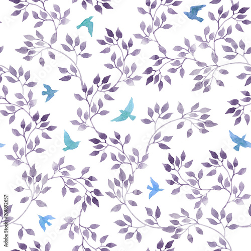 Seamless romantic pattern with hand painted cute leaves, ditsy watercolor birds. Watercolour