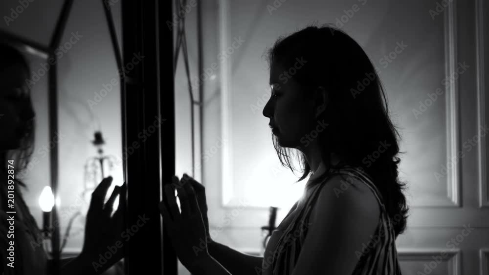 Asian woman open mirror door finding her Inner self 4K Asian woman open mirror door finding her Inner self 4K