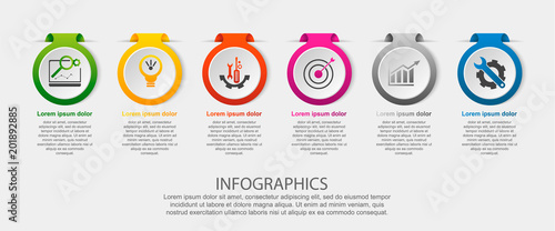 Modern vector illustration. Infographic template with the image of 6 circles, in the form of a label. 3d style six elements. Used for business presentations, education, web design, diagrams