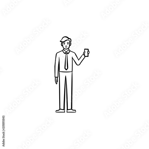 Man with electronic tablet hand drawn outline doodle vector icon. A man holding electronic device sketch illustration for print, web, mobile and infographics isolated on white background. © Visual Generation