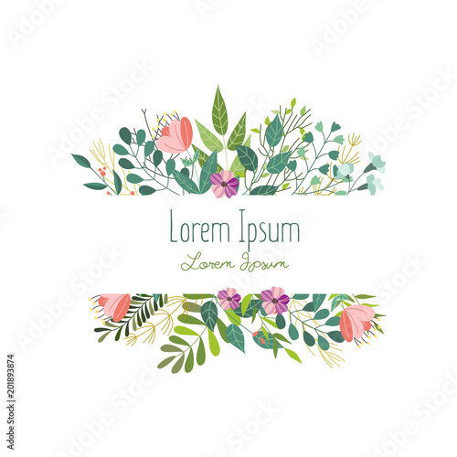 Square decoration element with flowers, leaves and herbs, greeting card, banner template, vector illustration isolated in white background. Doodle flowers, leaves and herbs, square decoration element