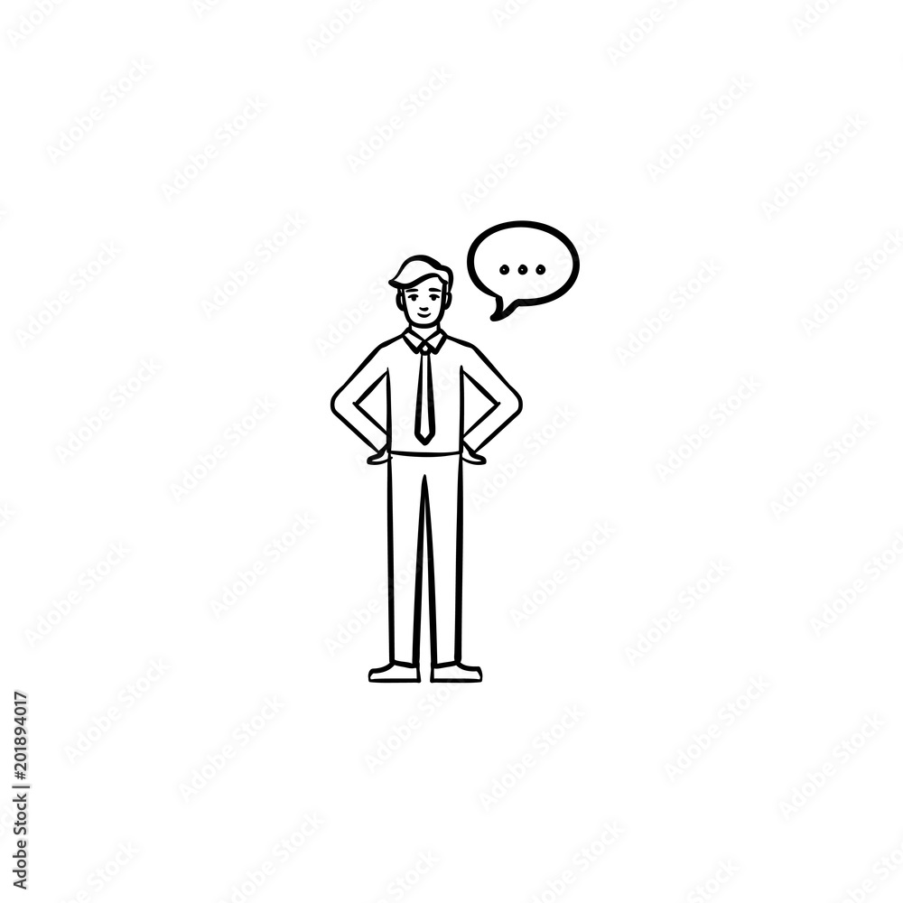 A man with a speach square hand drawn outline doodle vector icon. Speach bubble sketch illustration for print, web, mobile and infographics isolated on white background. A man with a speach square hand drawn outline doodle vector icon. Speach bubble sketch illustration for print, web, mobile and infographics isolated on white background.