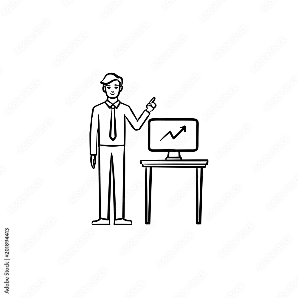 Teacher pointing at infographic on a computer vector hand drawn outline doodle icon. Male teacher with infographic sketch illustration for print, mobile and infographics isolated on white background. Teacher pointing at infographic on a computer vector hand drawn outline doodle icon. Male teacher with infographic sketch illustration for print, mobile and infographics isolated on white background.