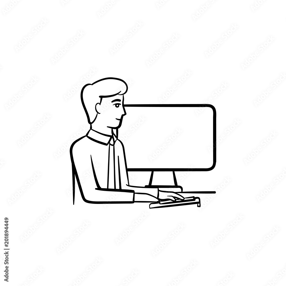 Working guy vector hand drawn outline doodle icon. Guy working on a computer sketch illustration for print, web, mobile and infographics isolated on white background. Working guy vector hand drawn outline doodle icon. Guy working on a computer sketch illustration for print, web, mobile and infographics isolated on white background.