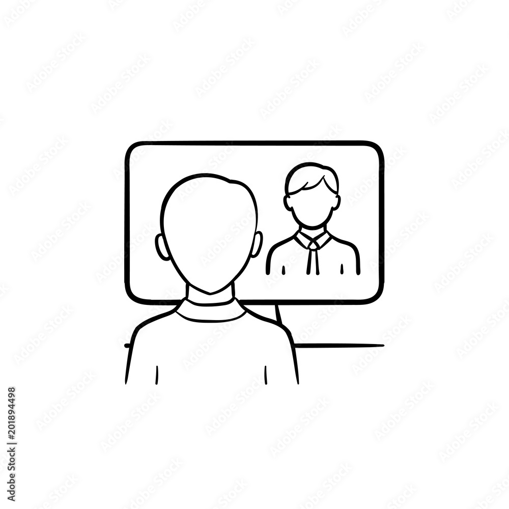Man running video conference in the office vector hand drawn outline doodle icon. Business man in the office sketch illustration for print, web, mobile and infographics isolated on white background.