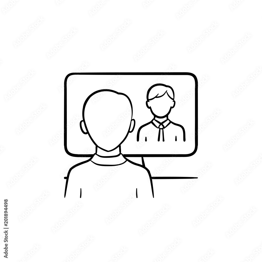 Man running video conference in the office vector hand drawn outline doodle icon. Business man in the office sketch illustration for print, web, mobile and infographics isolated on white background. Man running video conference in the office vector hand drawn outline doodle icon. Business man in the office sketch illustration for print, web, mobile and infographics isolated on white background.
