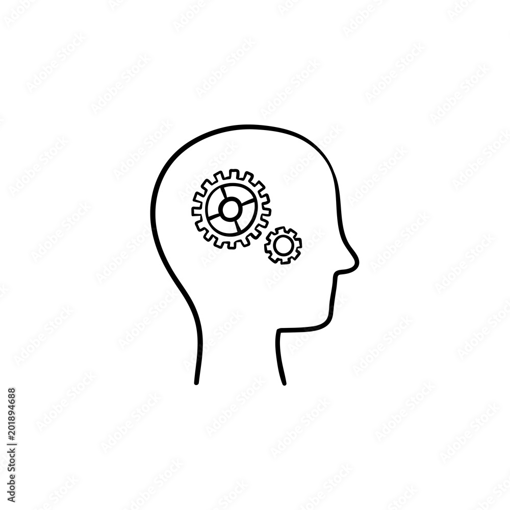 Brain with gears hand drawn outline doodle icon. Business thought sketch illustration for print, web, mobile and infographics isolated on white background. Brain with gears hand drawn outline doodle icon. Business thought sketch illustration for print, web, mobile and infographics isolated on white background.
