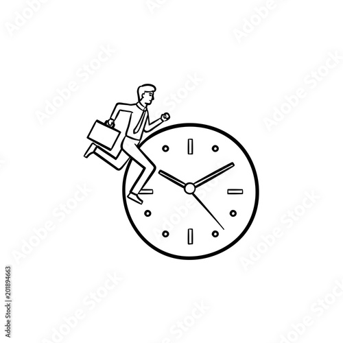 Profile of a man running on the background of clock hand drawn outline doodle icon. Time management sketch illustration for print, web, mobile and infographics isolated on white background.