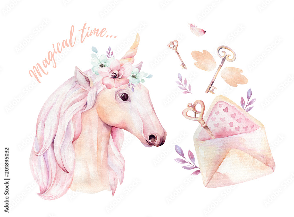 Obraz Isolated cute watercolor unicorn clipart with flowers. Nursery unicorns illustration. Princess rainbow poster. Trendy pink cartoon pony horse.