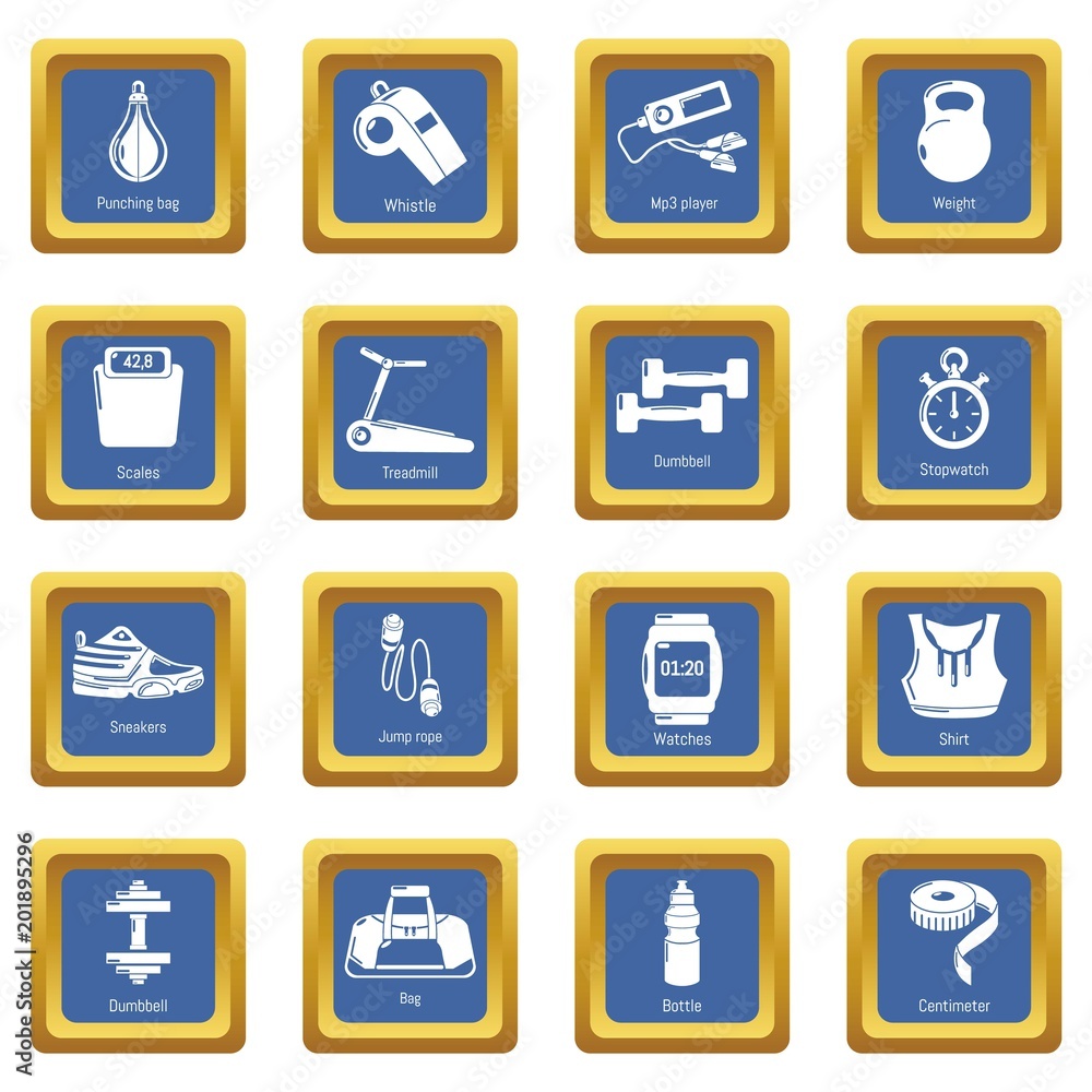 Gym sport icons set vector blue square isolated on white background Gym sport icons set vector blue square isolated on white background