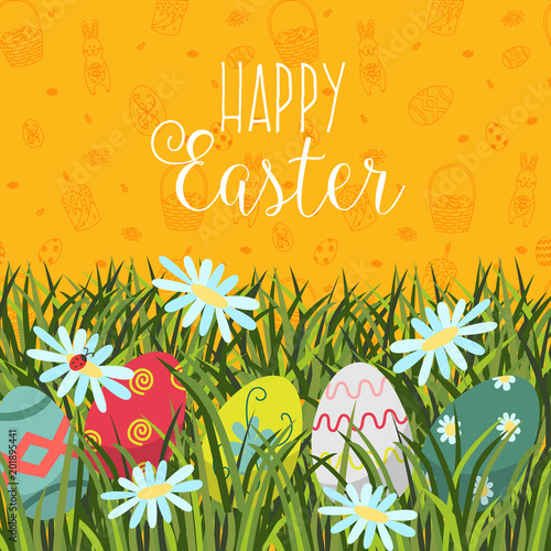 Happy Easter greeting card, postcard, banner design with text and painted eggs, grass and flowers, flat style vector illustration. Happy Easter postcard, greeting card, banner with eggs and flowers