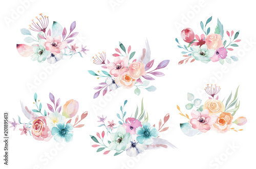 Set of watercolor boho floral bouquets. Watercolour bohemian natural frame: leaves, feathers, flowers, Isolated on white background. Artistic decoration illustration.