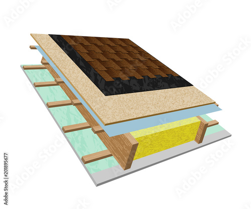 Roof structure in a cut - bitumen shingles, roofing material, plywood, hydro barrier, insulation, mineral wool, wooden slats, paro barrier, gypsum board. Illustration vector
