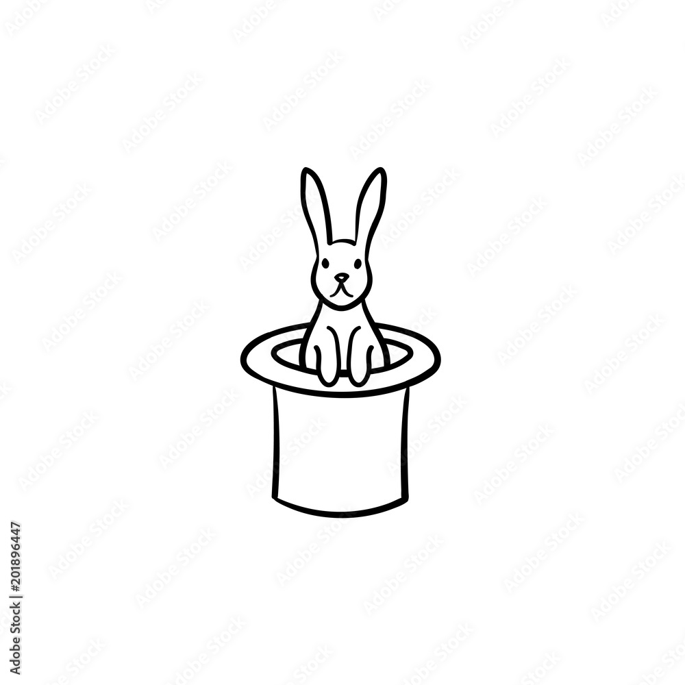 Fototapeta premium Rabbit in a magician hat hand drawn outline doodle icon. Cylinder hat with rabbit vector sketch illustration for print, web, mobile and infographics isolated on white background.