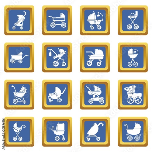 Baby carriage icons set vector blue square isolated on white background 