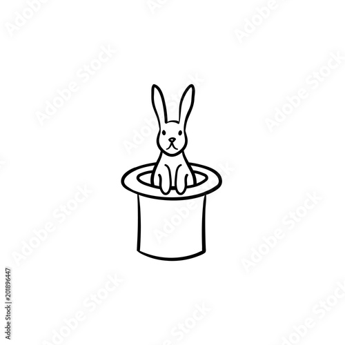 Rabbit in a magician hat hand drawn outline doodle icon. Cylinder hat with rabbit vector sketch illustration for print, web, mobile and infographics isolated on white background.