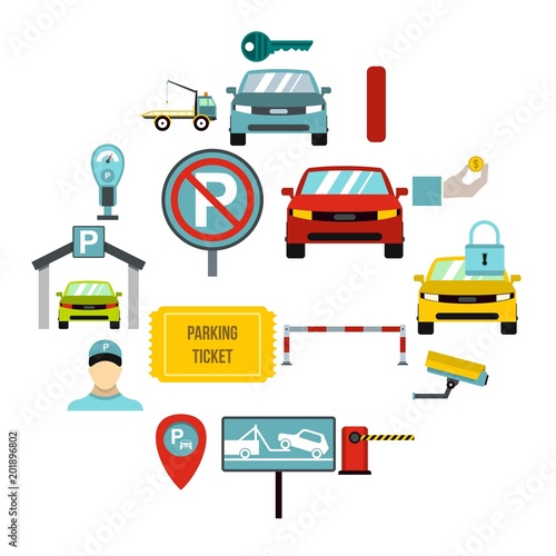 Flat parking icons set. Universal parking icons to use for web and mobile UI, set of basic parking elements isolated vector illustration