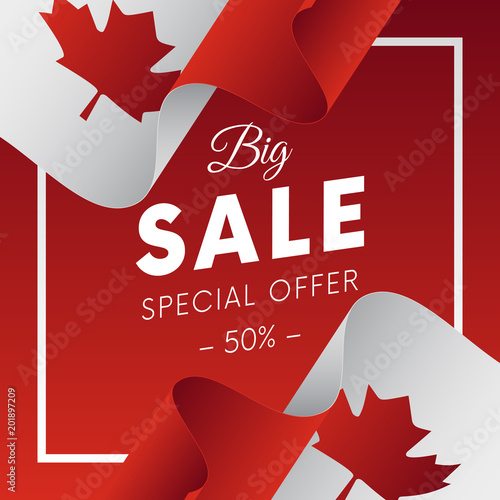 Big sale banner or sticker. Special offer. Fifty percent off. Canada flag. Vector illustration.