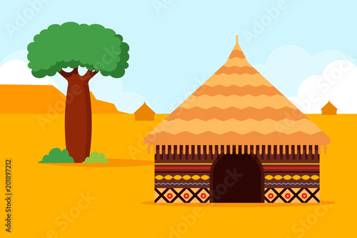 African Hut and Baobab Tree. Flat Design Style. 