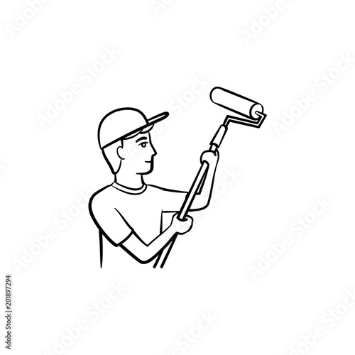 Man painting with a roller hand drawn outline doodle icon. Worker remodeling walls with a paint roller vector sketch illustration for print, web, mobile and infographics isolated on white background.