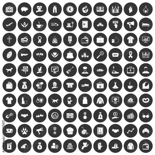 100 charity icons set in simple style white on black circle color isolated on white background vector illustration