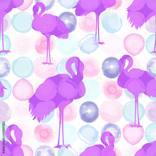 Seamless Flamingos silhouette pattern on a watercolor dotted background.