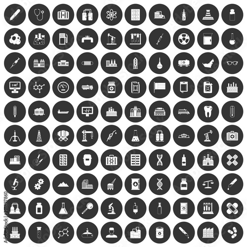 100 chemical industry icons set in simple style white on black circle color isolated on white background vector illustration