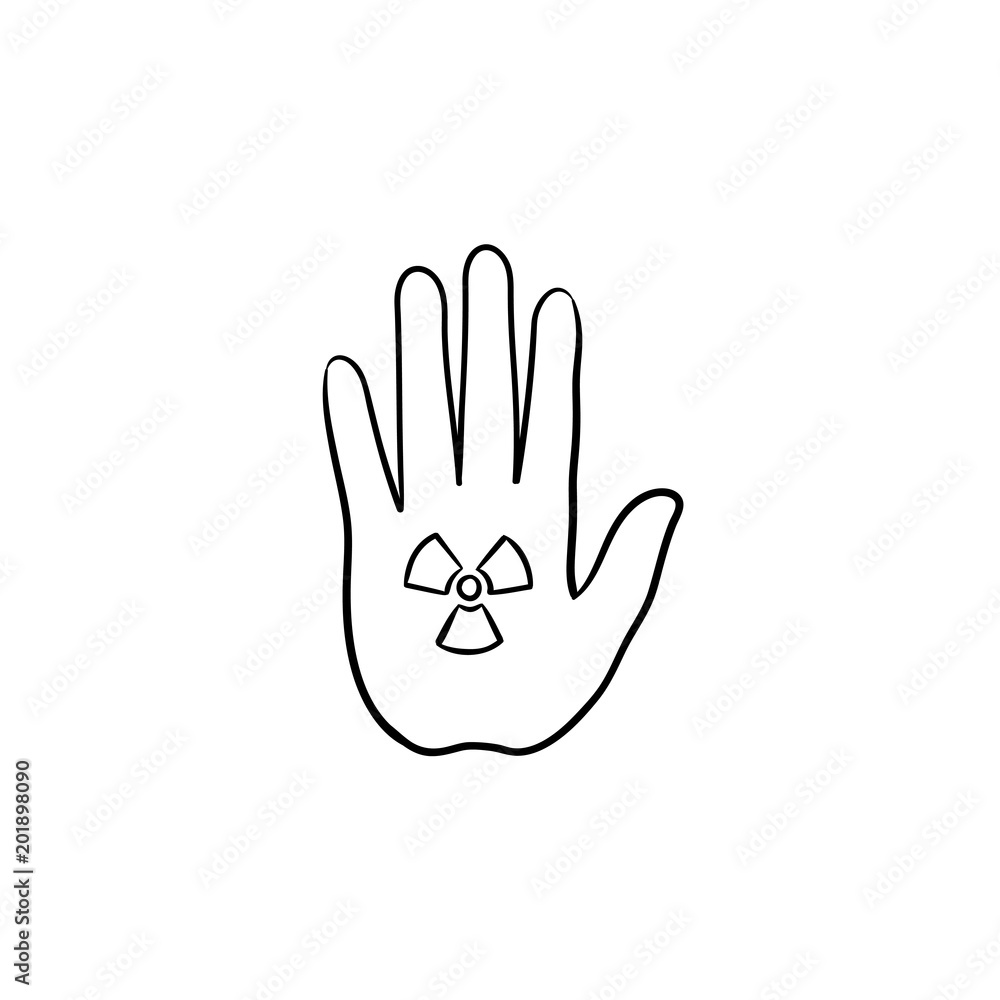 Fototapeta premium Stop hand sign with ionizing radiation symbol hand drawn doodle icon. Palm hand with stop gesture vector sketch illustration for print, web, mobile and infographics isolated on white background.