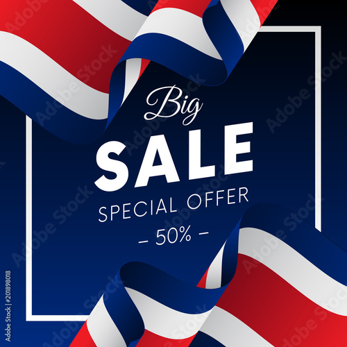 Big sale banner or sticker. Special offer. Fifty percent off. Costa Rica flag. Vector illustration.