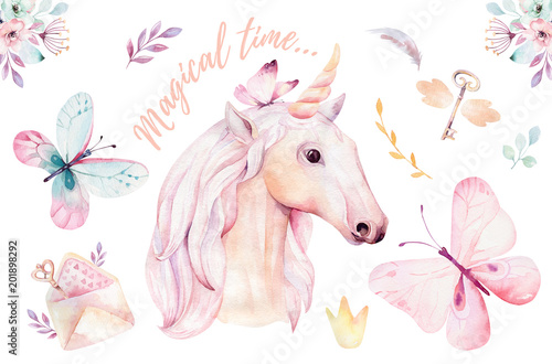 Dekoracja na wymiar  isolated-cute-watercolor-unicorn-clipart-with-flowers-nursery-unicorns-illustration-princess-rainbow-poster-trendy-pink-cartoon-pony-horse