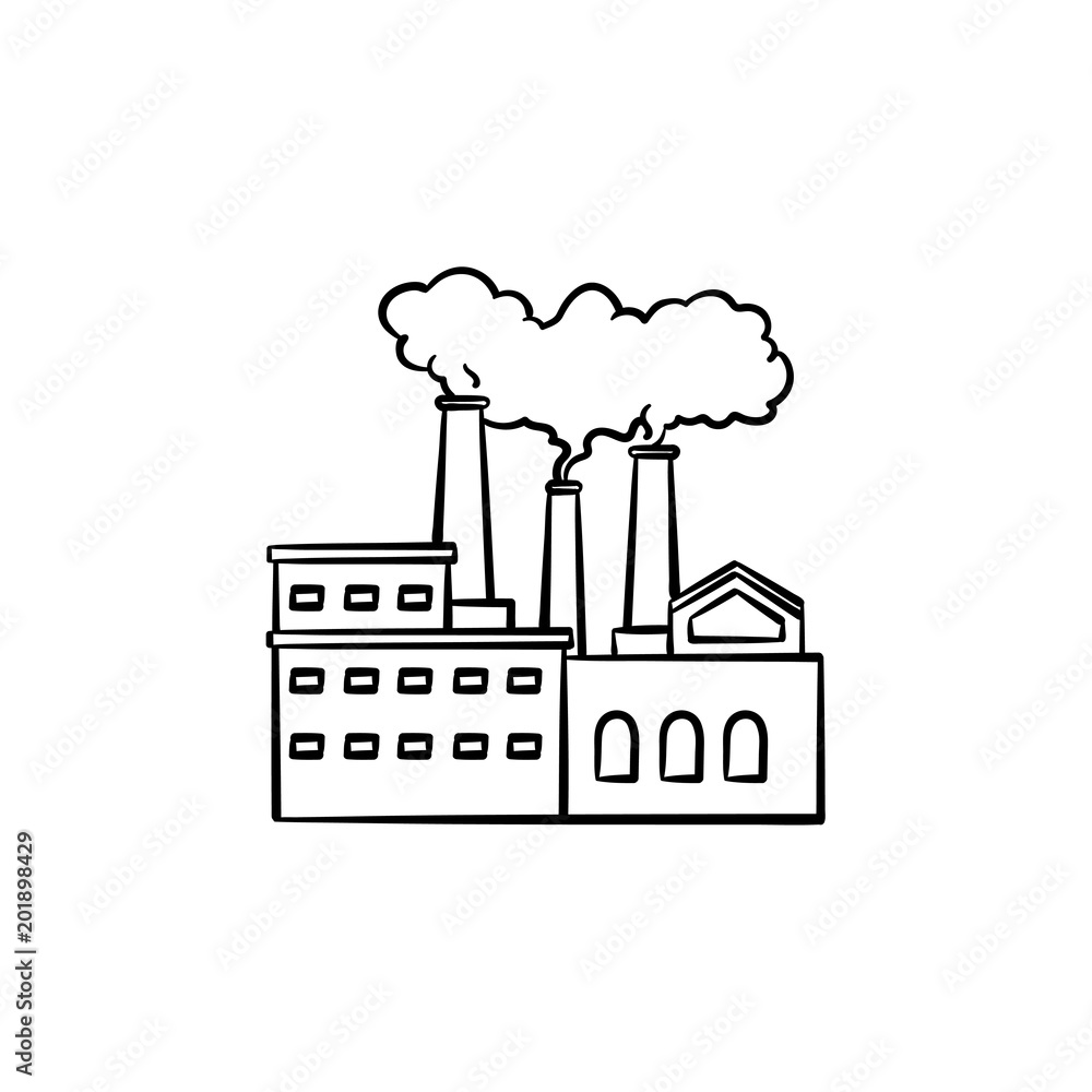 Obraz premium Factory hand drawn outline doodle icon. Air pollution by smoke coming out of factory chimneys vector sketch illustration for print, web, mobile and infographics isolated on white background.