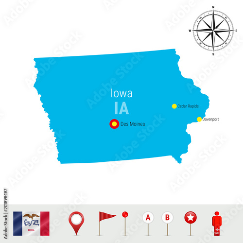 Iowa Vector Map Isolated on White Background. High Detailed Silhouette of Iowa State. Official Flag of Iowa
