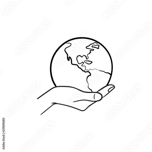 Hand holding the globe hand drawn outline doodle icon. Ecology care and eco friendly concept. Palm with world vector sketch illustration for print, mobile and infographics isolated on white background