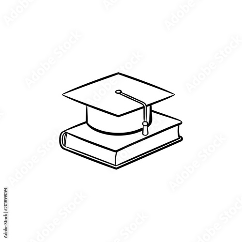 Graduation cap on book hand drawn outline doodle icon
