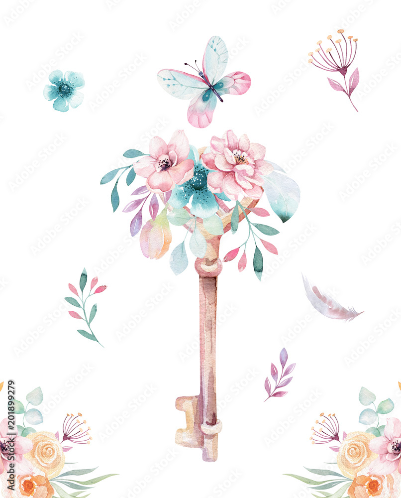 Obraz Odosobniony śliczny akwarela jednorożec wpisuje clipart z kwiatami. Nursery jednorożce klucz ilustracji. Księżniczka tęczy plakat. różowy magiczny plakat