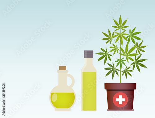 Marijuana plant and cannabis oil. Medical marijuana. Hemp oil in a glass jar. CBD oil hemp products. Oil glass bottle mock up. Vector illustration with copy space.