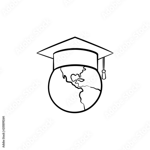 Globe in graduation cap hand drawn outline doodle icon