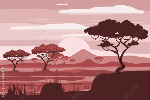 African landscape  lion  savannah  sunset  vector  illustration  cartoon style  isolated