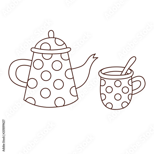 Tea pot with cup line vector